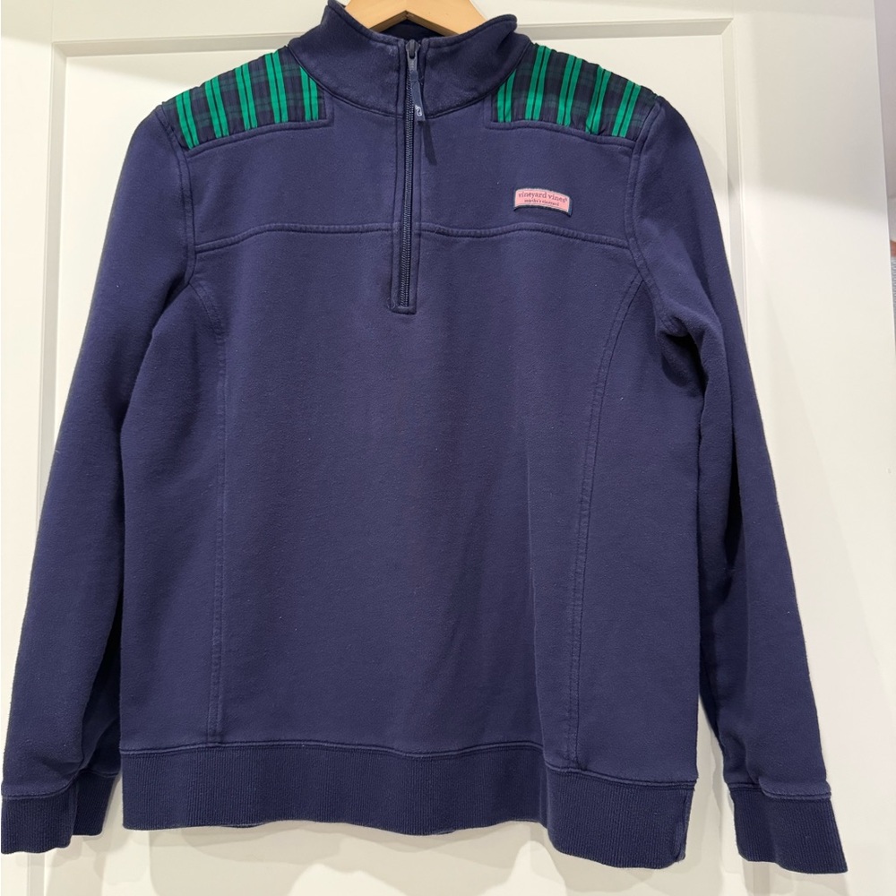Vineyard Vines Navy Shep Shirt, Sweatshirt with Navy and Green plaid, size large
